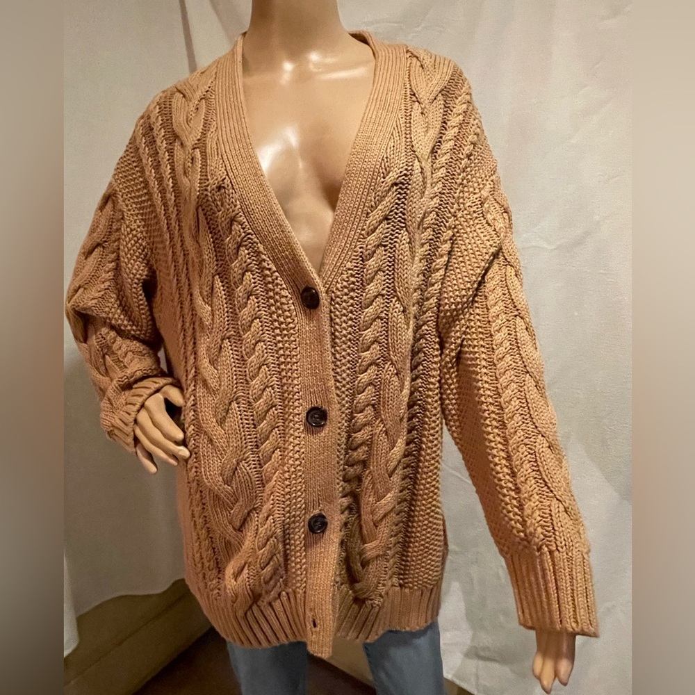 Quince Organic Cotton Camel Cable Knit Button-Front Oversized Cardigan